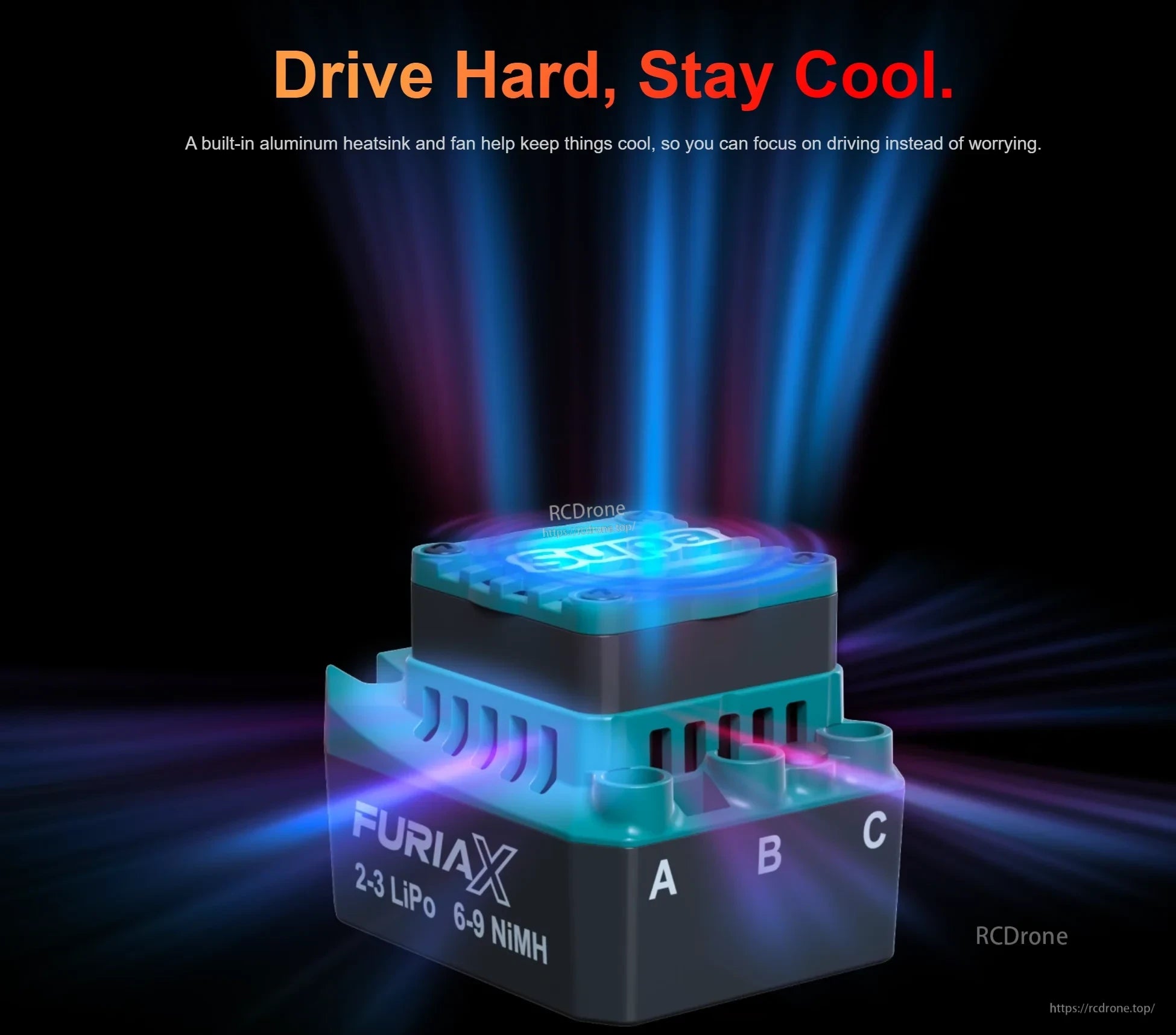 SkyRC FuriaX Supa ESC cooling graphic emphasizing aluminum heatsink and built-in fan