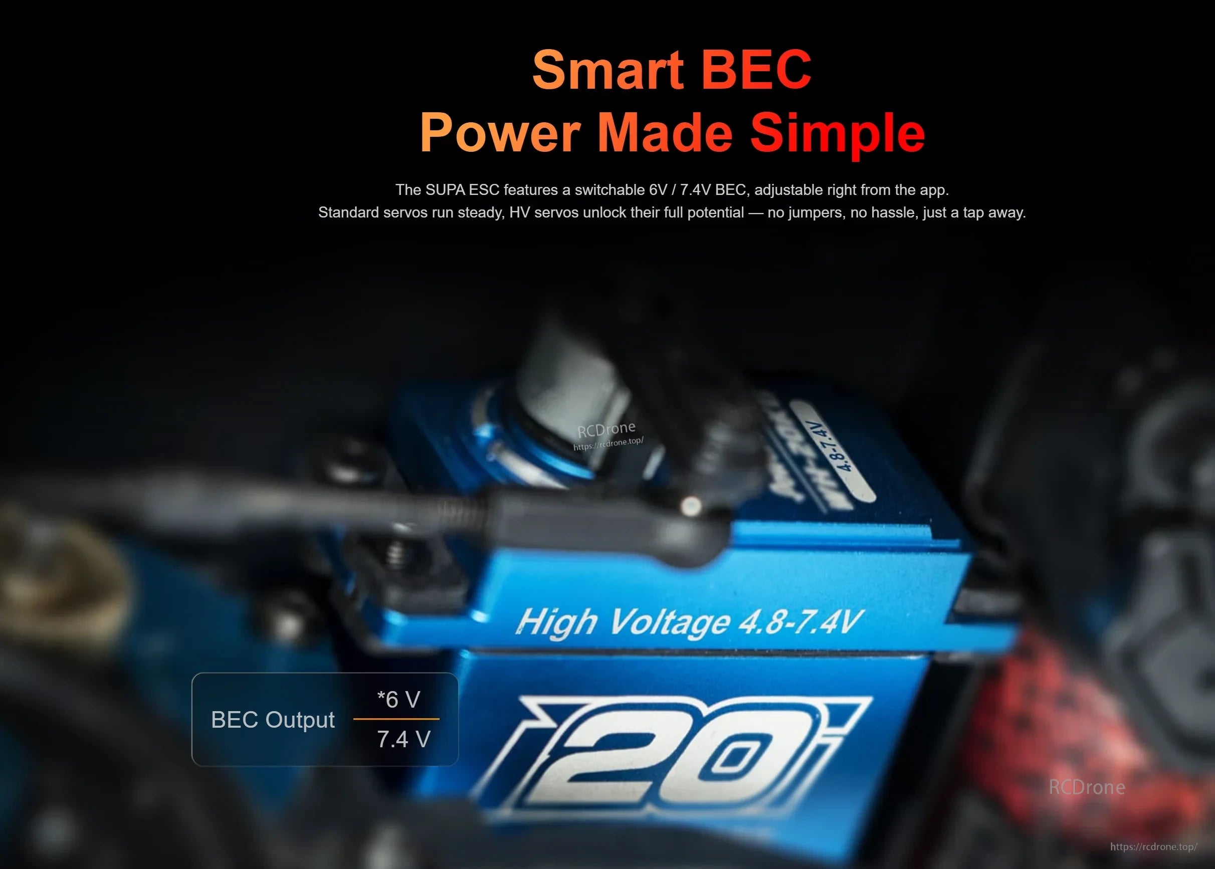 Smart BEC banner highlighting switchable 6V / 7.4V output for high-voltage servo setups
