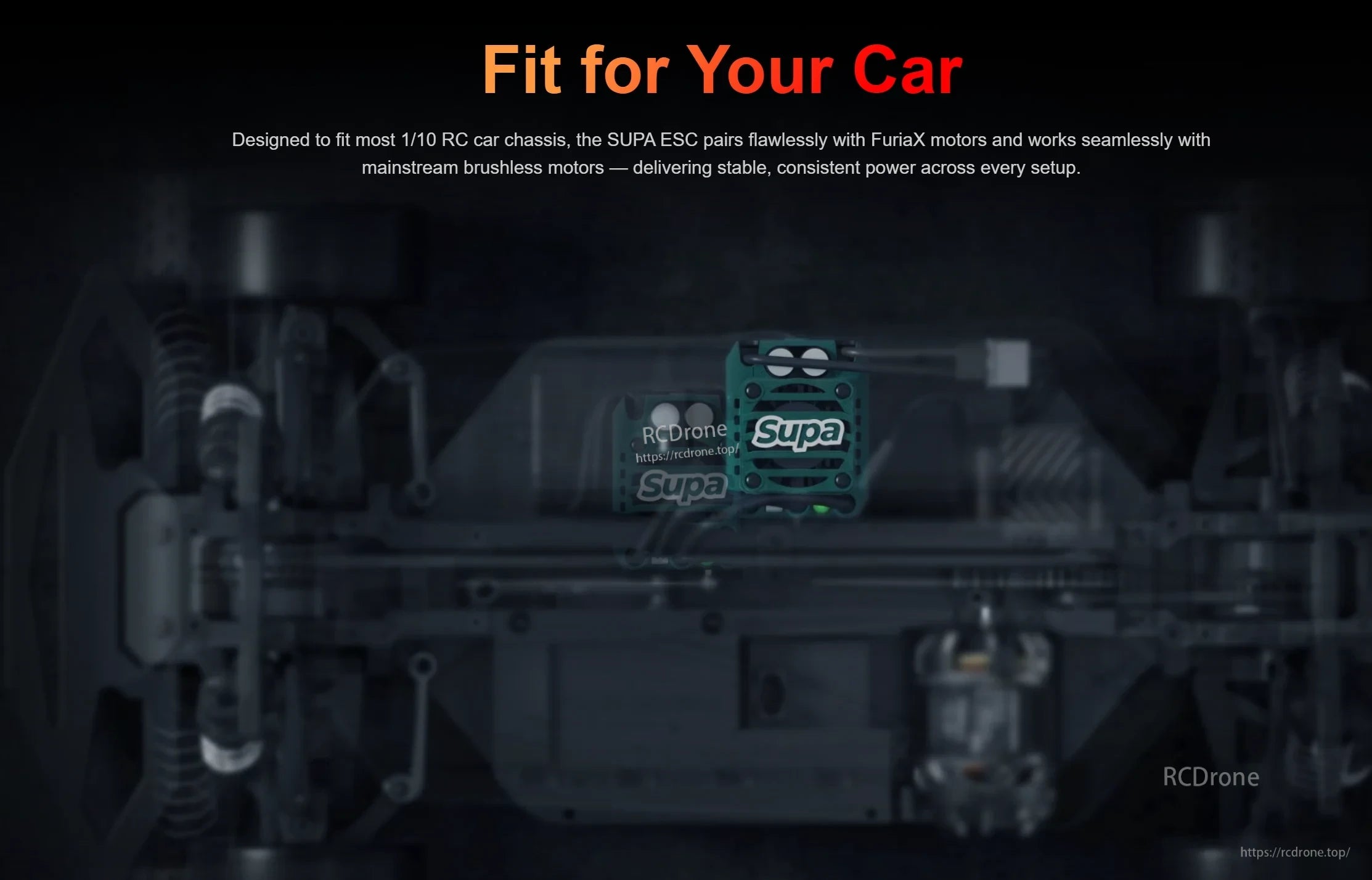 “Fit for Your Car” banner showing ESC placement concept inside a 1/10 RC chassis layout
