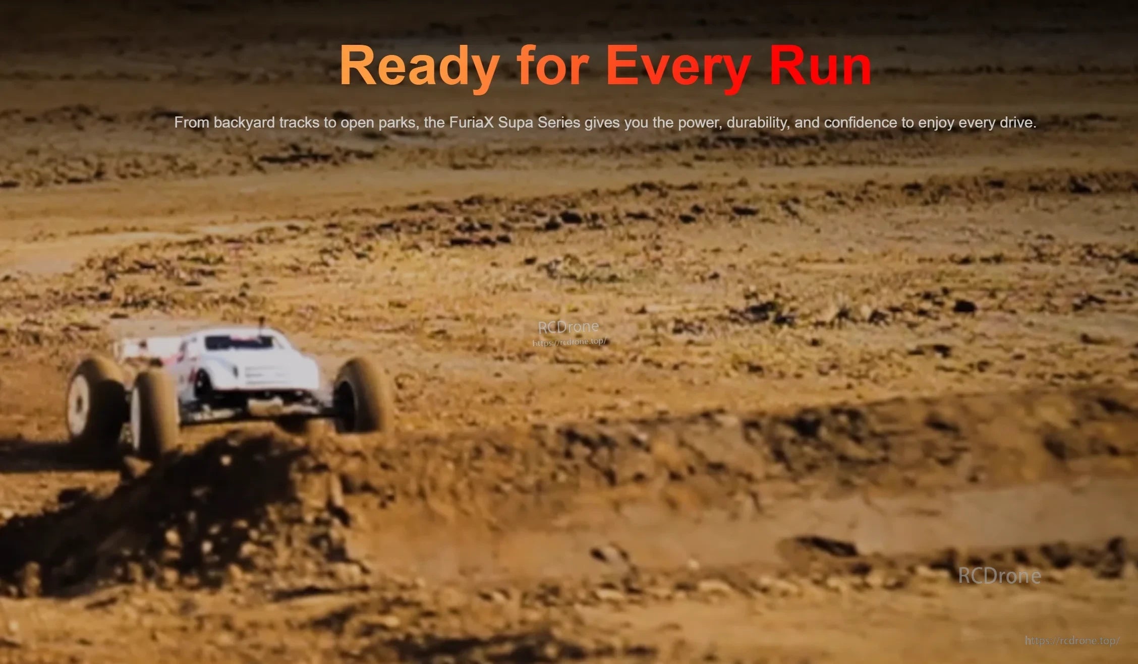 RC buggy driving on a dirt track with “Ready for Every Run” headline (lifestyle racing banner)