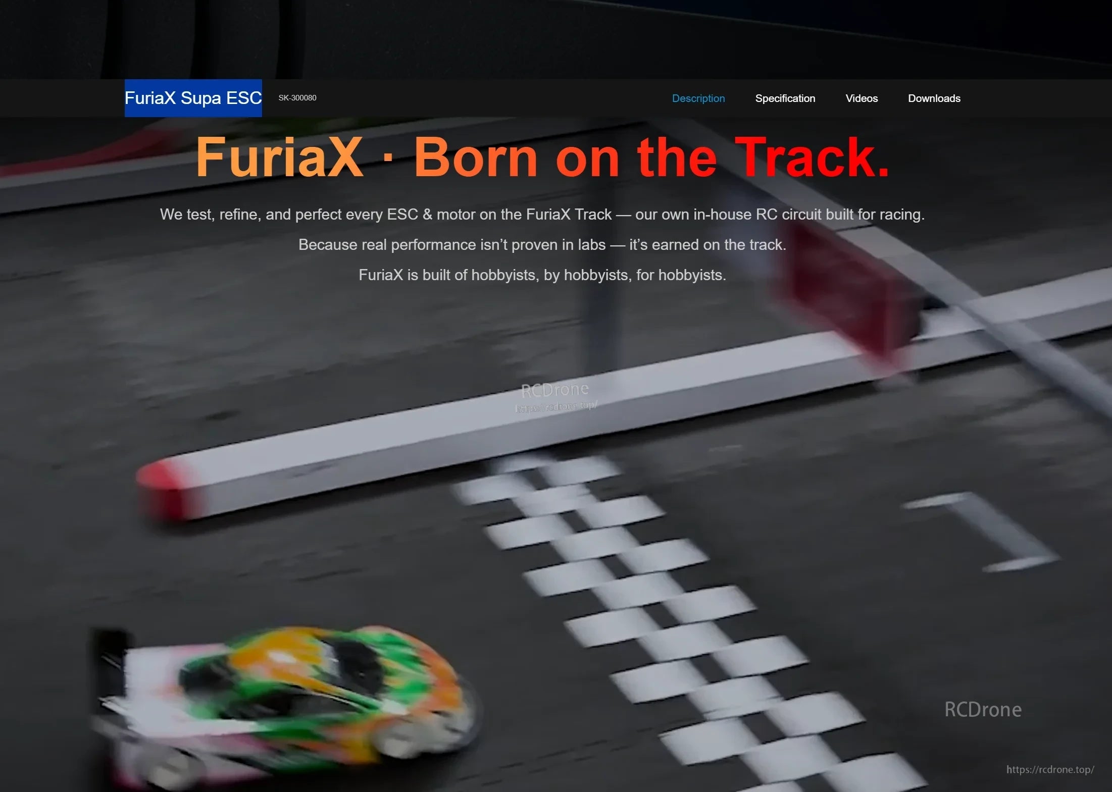 Website-style banner reading “FuriaX - Born on the Track” over an RC track start/finish line