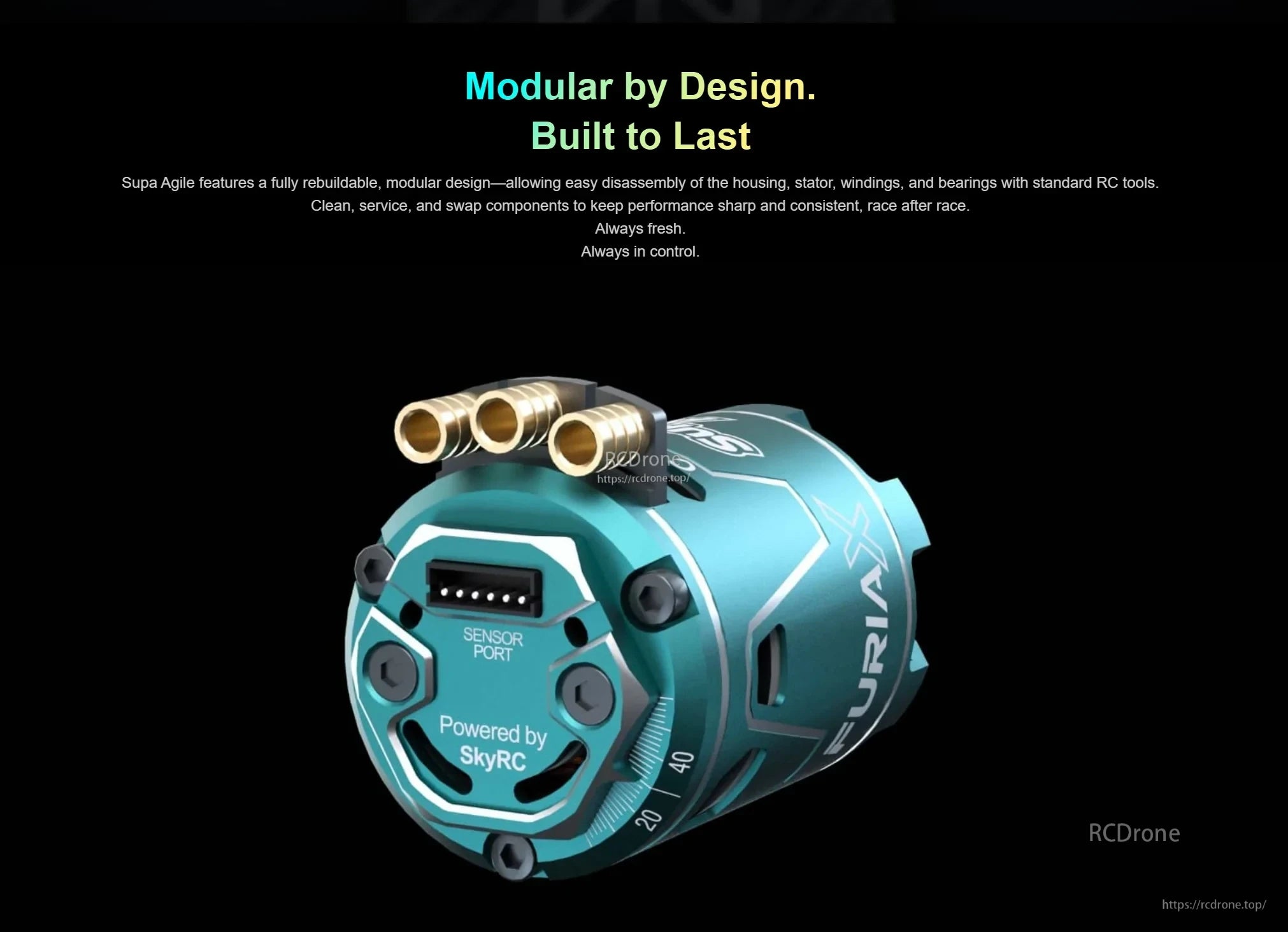 Supa Agile drift motor angled view showing modular construction, sensor port, and endbell hardware