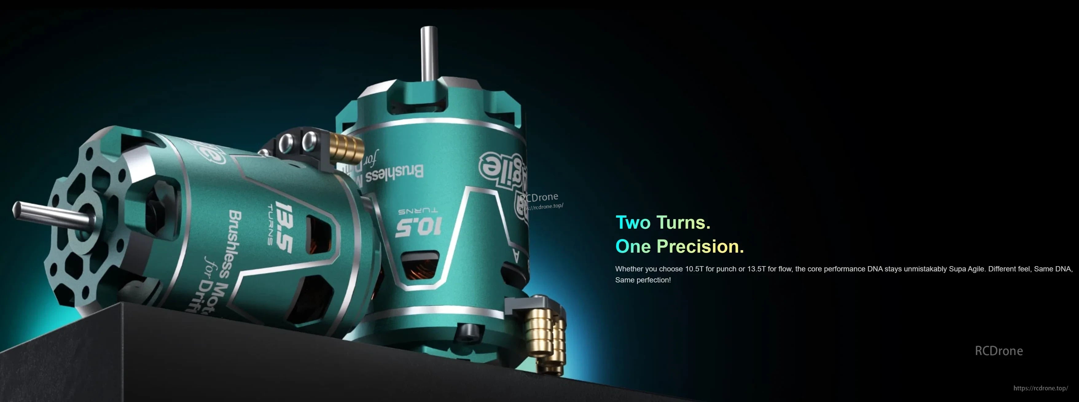 SkyRC Supa Agile motor product render showing two turn variants and finned endbell design