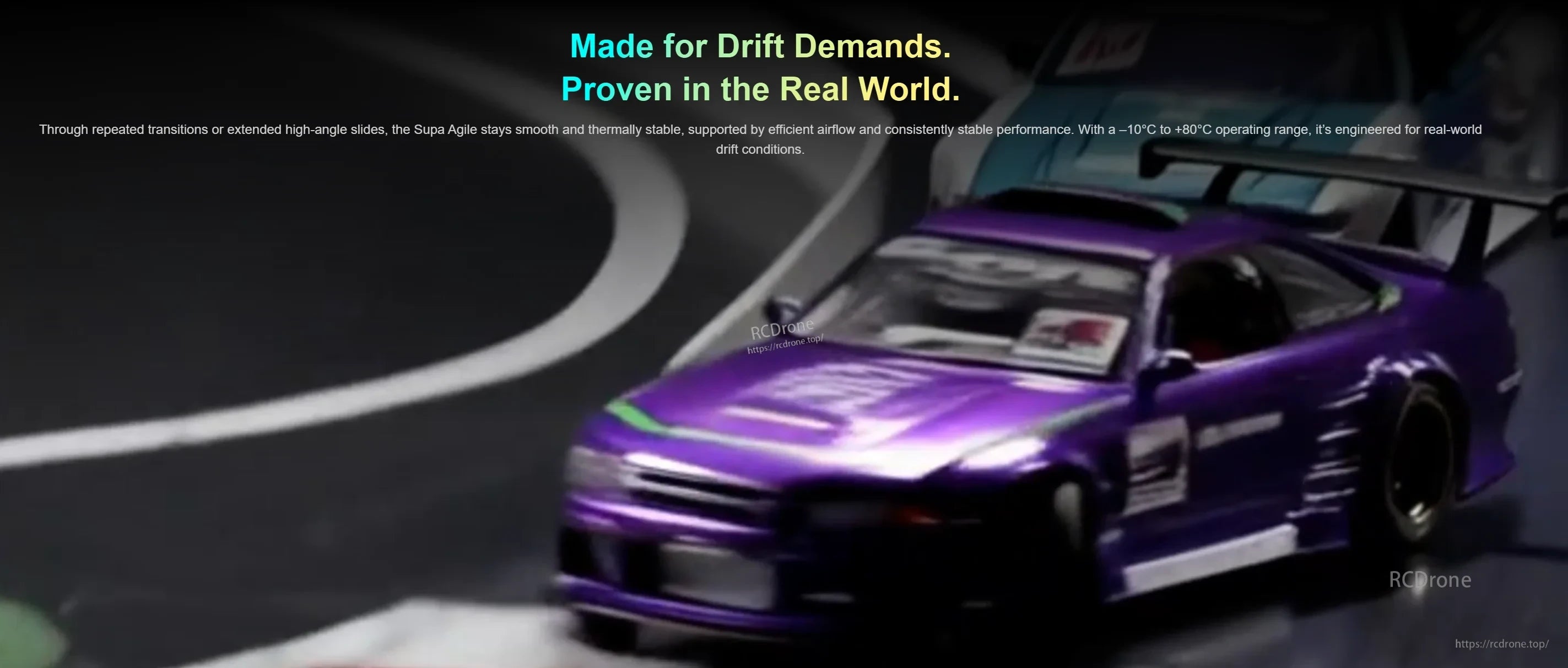 RC drift track lifestyle banner highlighting Supa Agile motor built for drift demands and real-world driving