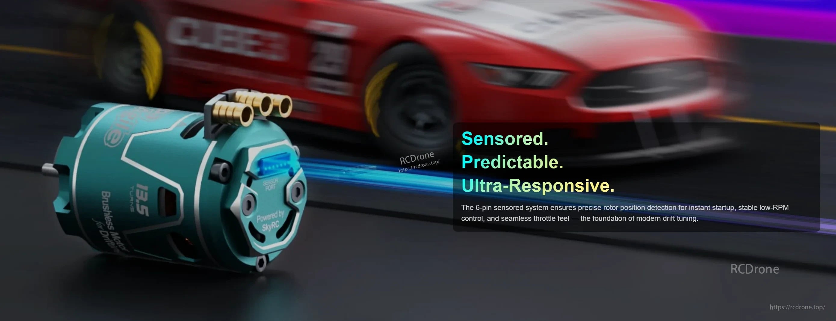 Close view of Supa Agile motor endbell with 6-pin sensor port for precise low-RPM control