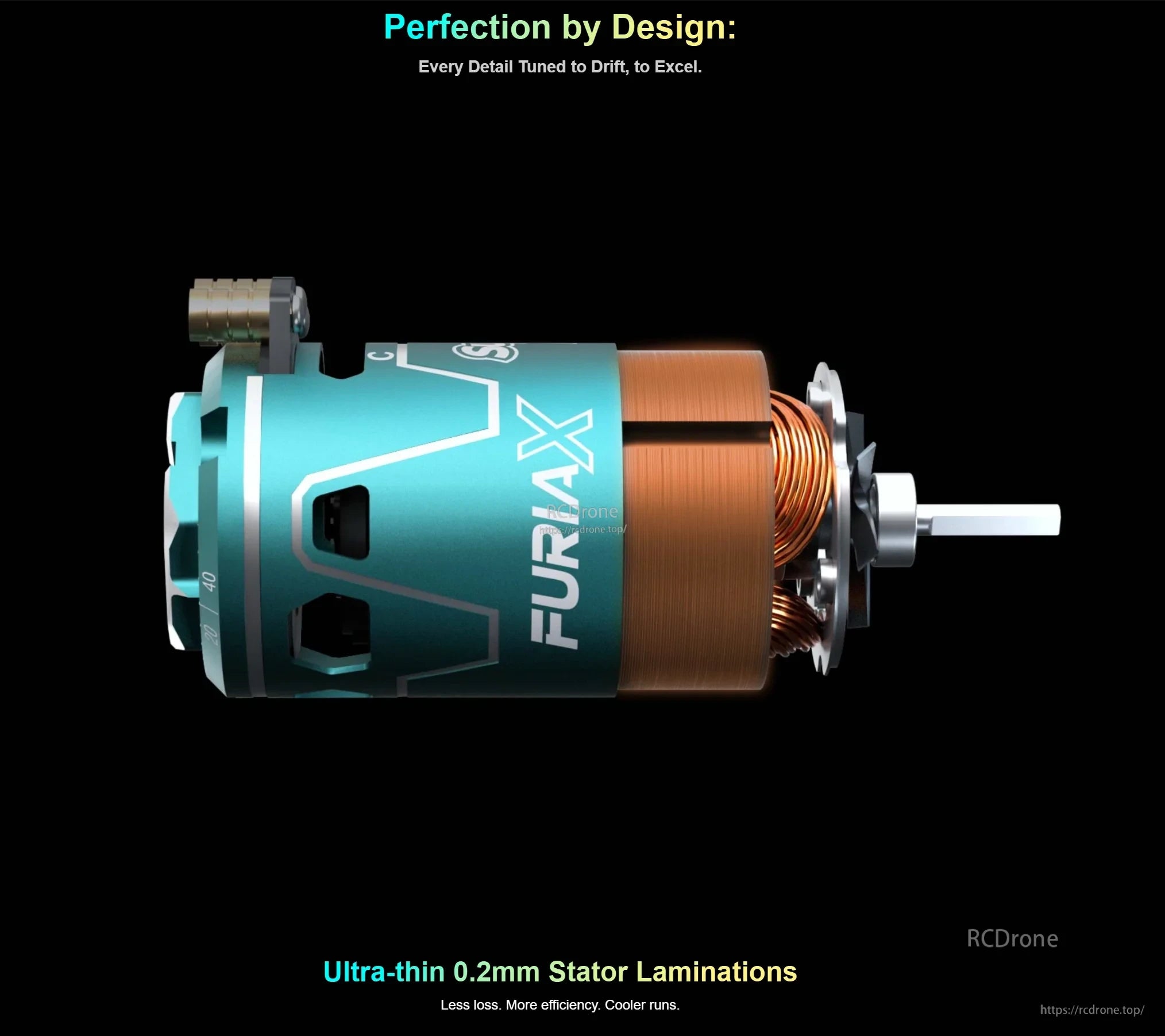 Cutaway render of Supa Agile motor highlighting copper windings and 0.2mm stator laminations