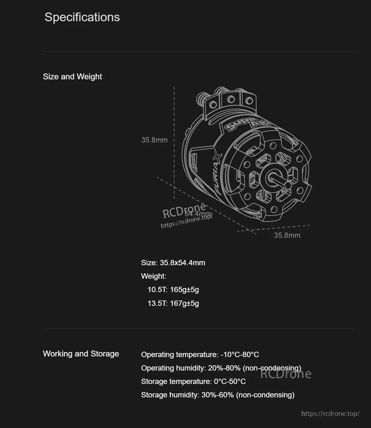 SkyRC Supa Agile motor size and operating specs graphic: 35.8×54.4mm, temperature and humidity ranges