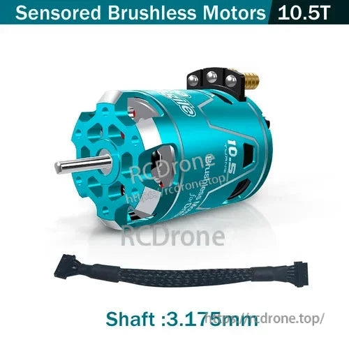 10.5T sensored brushless motor product graphic with braided sensor lead and 3.175mm shaft text
