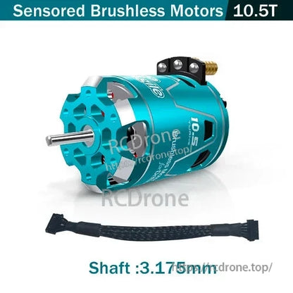 10.5T sensored brushless motor product graphic with braided sensor lead and 3.175mm shaft text