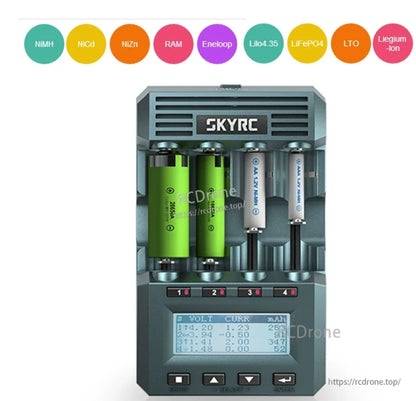 SkyRC MC3000 universal battery charger with four independent slots and LCD screen showing voltage, current and mAh
