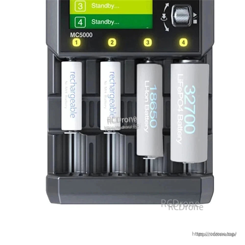SkyRC MC5000 4-Slot Cylindrical Battery Charger, SkyRC MC5000 4-slot battery charger with LCD status display and four bays holding AA and 18650/32700 cells