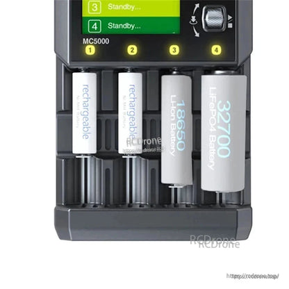 SkyRC MC5000 4-Slot Cylindrical Battery Charger, SkyRC MC5000 4-slot battery charger with LCD status display and four bays holding AA and 18650/32700 cells