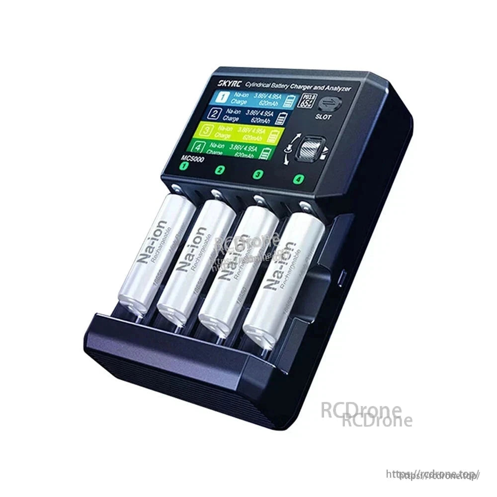 SkyRC MC5000 4-slot cylindrical battery charger with color display and four cells installed in the bays