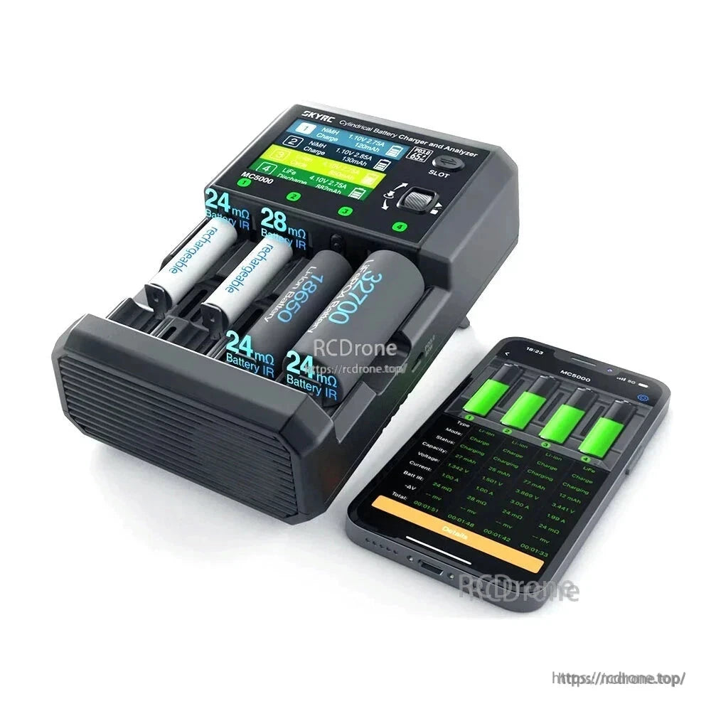 SkyRC MC5000 4-slot cylindrical battery charger with color screen, control dial, and four cells installed
