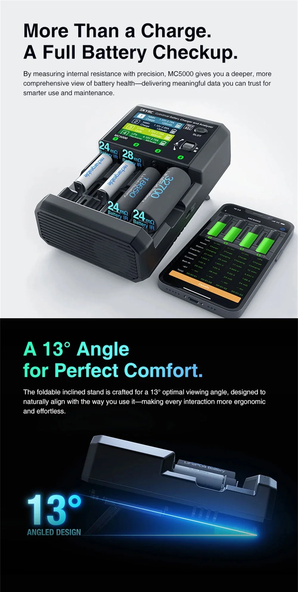 SkyRC MC5000 Cylindrical Battery Charger and Analyzer, 4-Slot 80W, PD 3.0 65W, Bluetooth