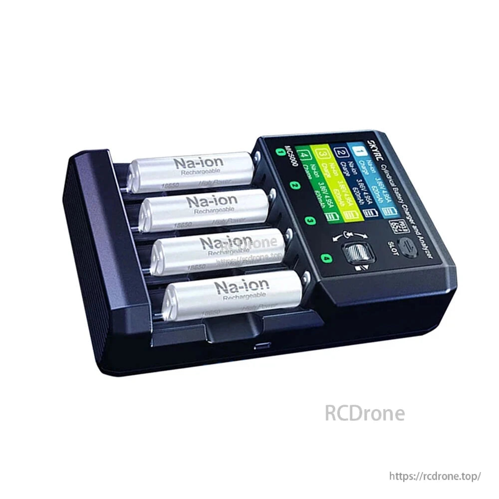 SkyRC MC5000 4-Slot Cylindrical Battery Charger, SkyRC MC5000 Cylindrical Battery Charger, SkyRC MC5000 four-slot cylindrical battery charger with color display, control buttons, and four cells installed
