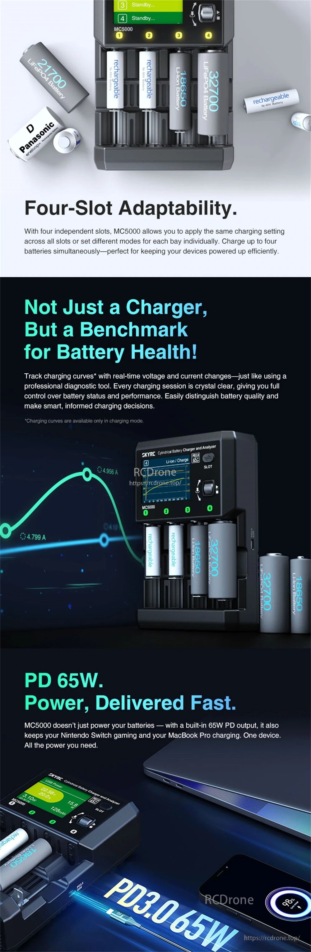 SkyRC MC5000 Cylindrical Battery Charger and Analyzer, 4-Slot 80W, PD 3.0 65W, Bluetooth