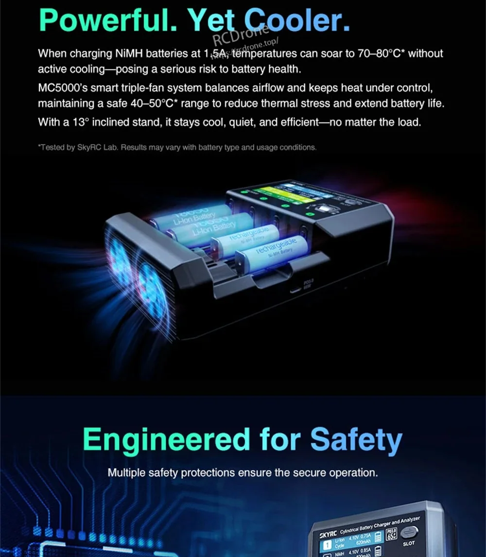 SkyRC MC5000 Cylindrical Battery Charger and Analyzer, 4-Slot 80W, PD 3.0 65W, Bluetooth