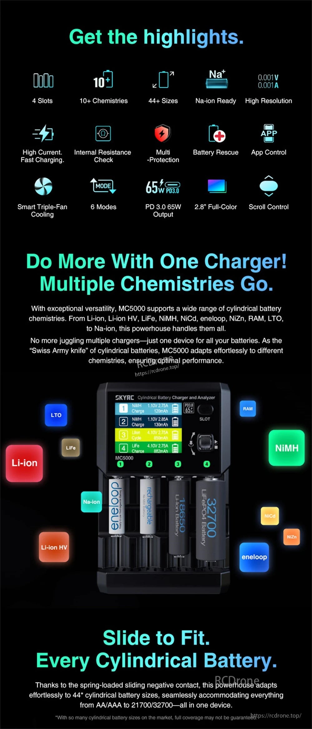 SkyRC MC5000 Cylindrical Battery Charger and Analyzer, 4-Slot 80W, PD 3.0 65W, Bluetooth