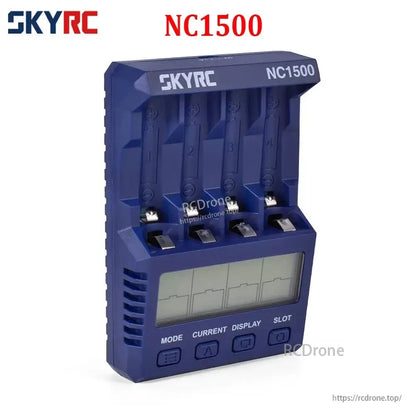 SkyRC NC1500 AA/AAA battery charger with four slots and LCD screen with mode, current, display and slot buttons