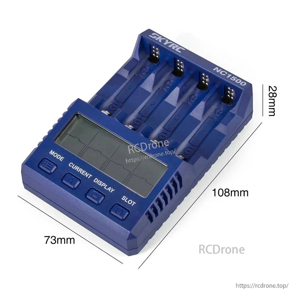 SkyRC NC1500 AA/AAA battery charger with 4 slots, LCD screen, control buttons, 108×73×28 mm size