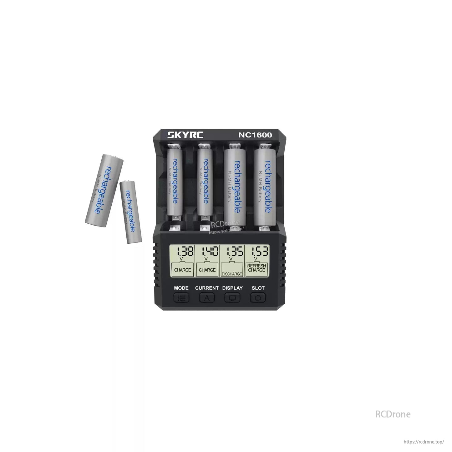 SkyRC NC1600 battery charger with four AA/AAA slots, LCD display, and control buttons, shown with AA batteries