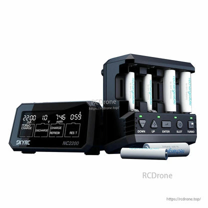 SkyRC NC2200 4-slot AA/AAA NiMH/NiCd charger analyzer with LCD screen, control buttons, and inserted cells