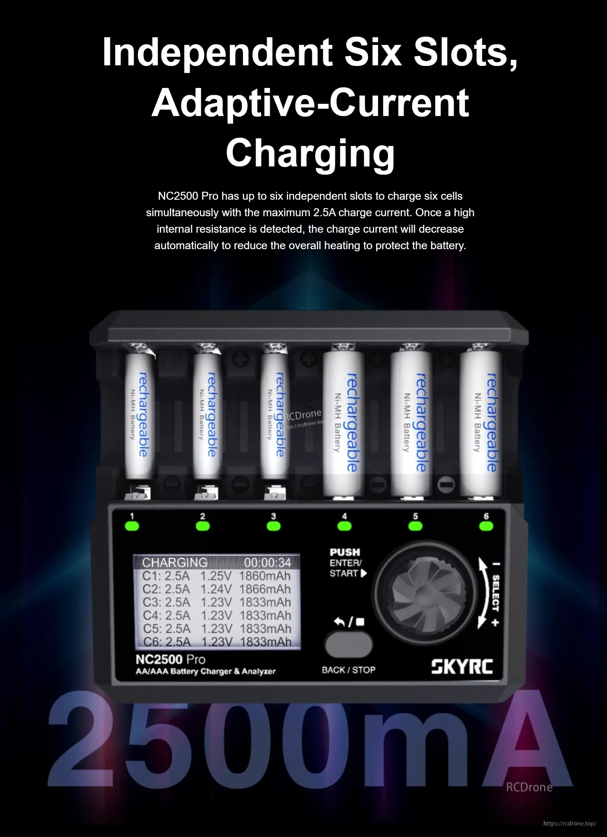 SkyRC NC2500 Pro 6 Slot AA/AAA Battery Charger Motor Analyzer Phone Charger 3in1