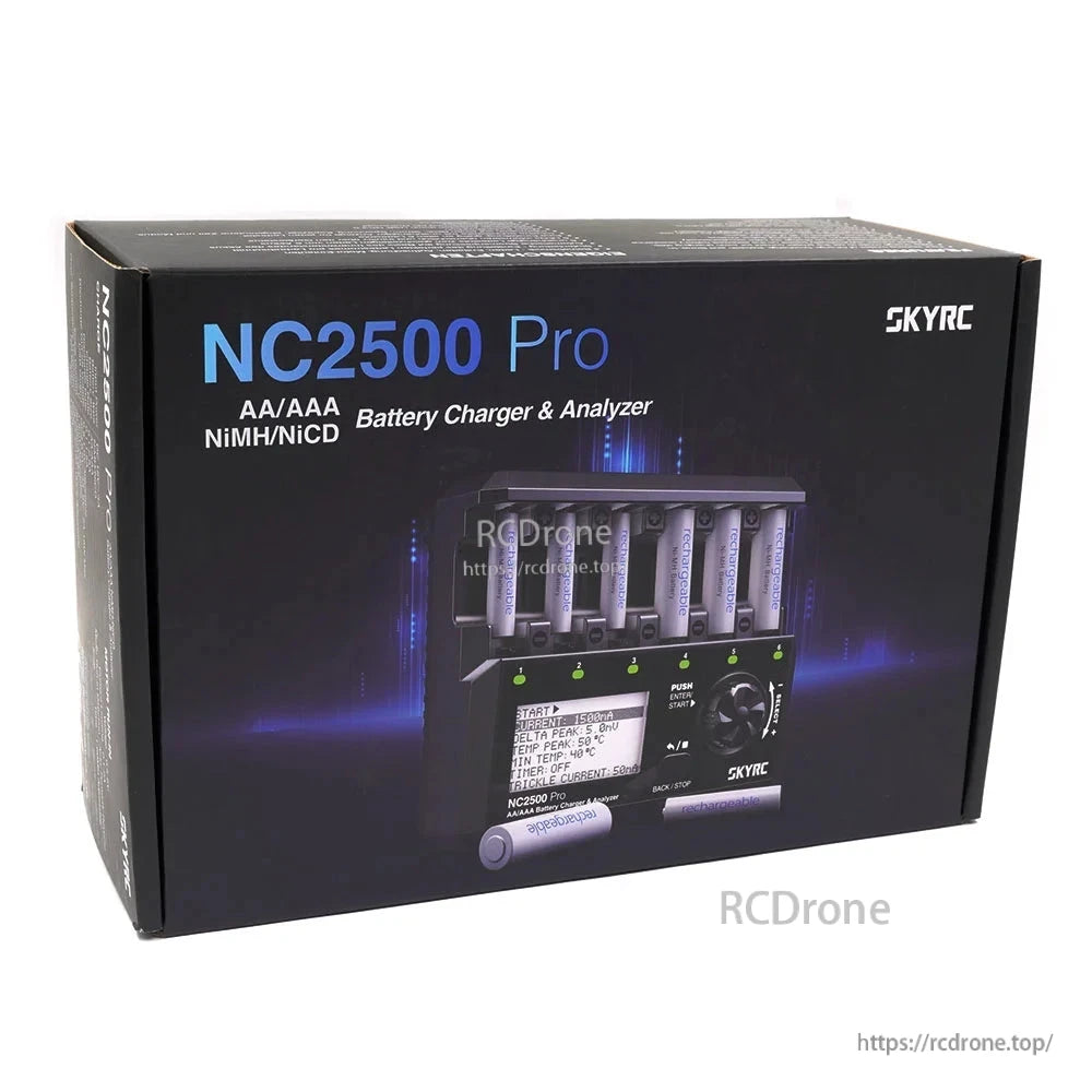 SkyRC NC2500 Pro Battery Charger, SkyRC NC2500 Pro AA/AAA NiMH/NiCD battery charger and analyzer retail box with product image