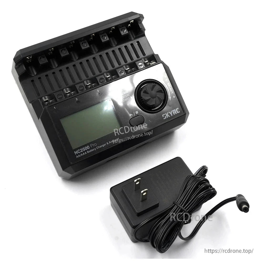 SkyRC NC2500 Pro Battery Charger, SkyRC NC2500 Pro AA/AAA battery charger with multi-slot charging bay, display and control dial, plus AC adapter