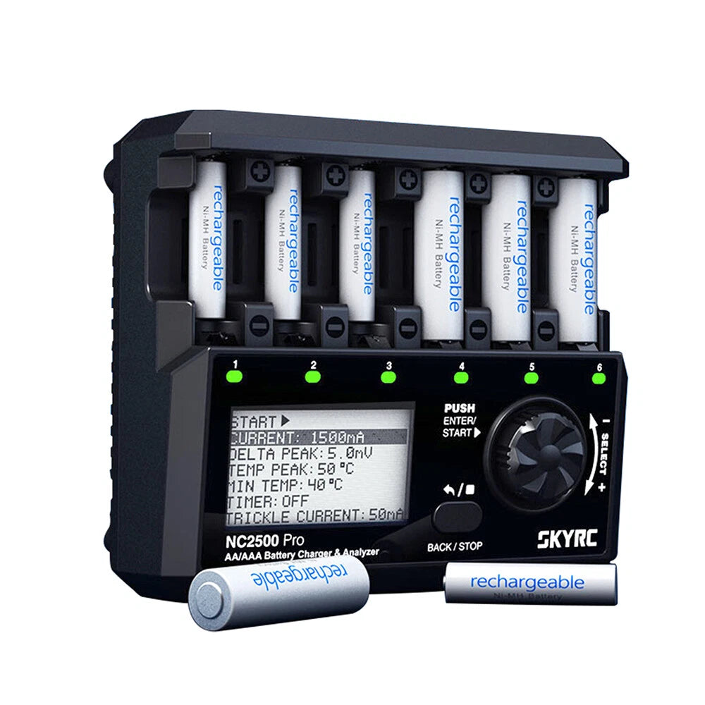 SkyRC NC2500 Pro battery charger with six AA/AAA slots, LCD screen, status LEDs, and control dial