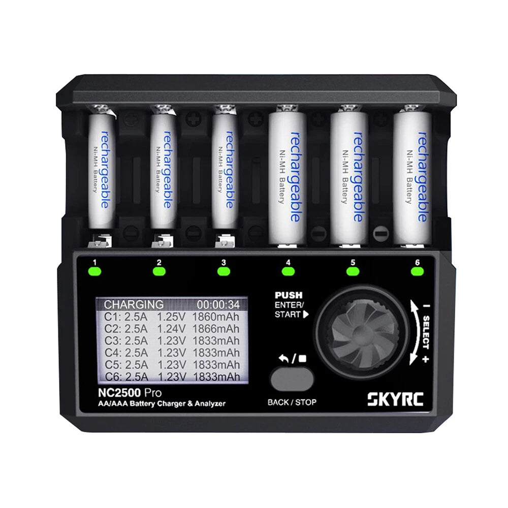 SkyRC NC2500 Pro Battery Charger, SkyRC NC2500 Pro AA/AAA battery charger with six slots, LCD status display, and control dial
