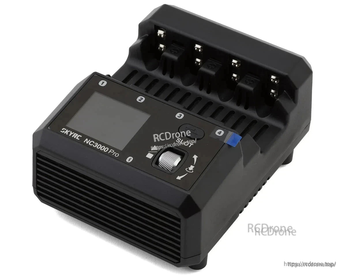 SkyRC NC3000 Pro battery charger with four-slot charging bay, display screen, and control wheel