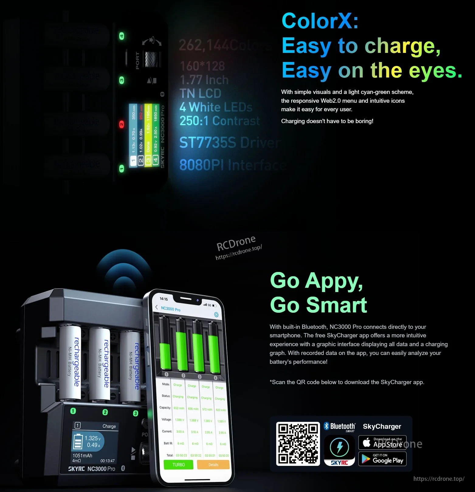 SkyRC NC3000 Pro NiCd/NiMH Battery Charger for AA/AAA, PD/QC 30W, 4-Slot, Bluetooth, 6 Modes