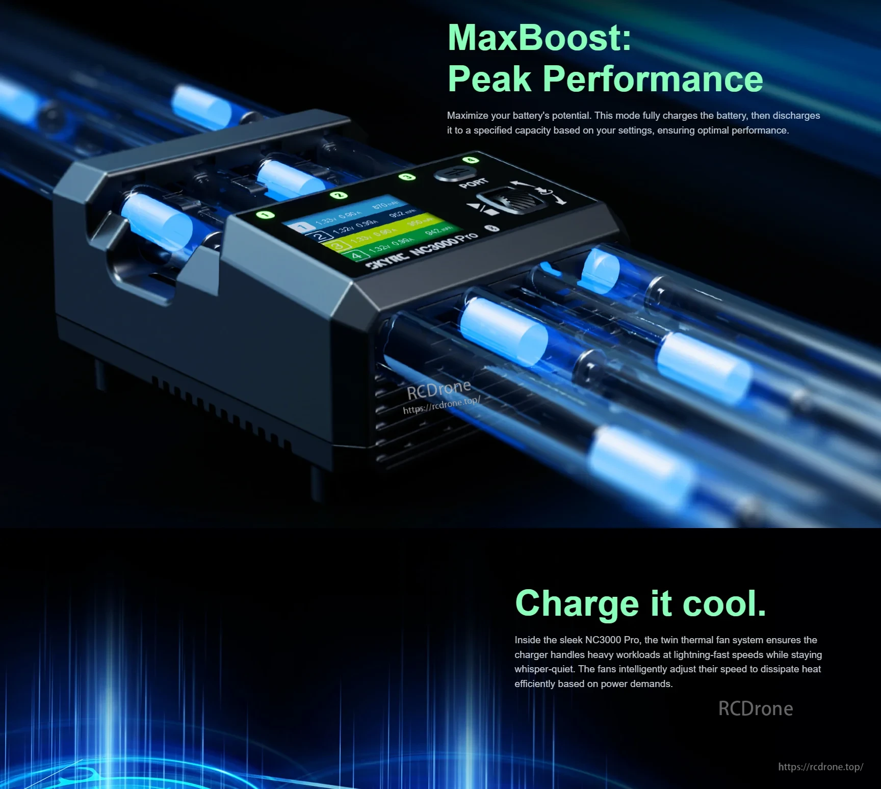 SkyRC NC3000 Pro NiCd/NiMH Battery Charger for AA/AAA, PD/QC 30W, 4-Slot, Bluetooth, 6 Modes