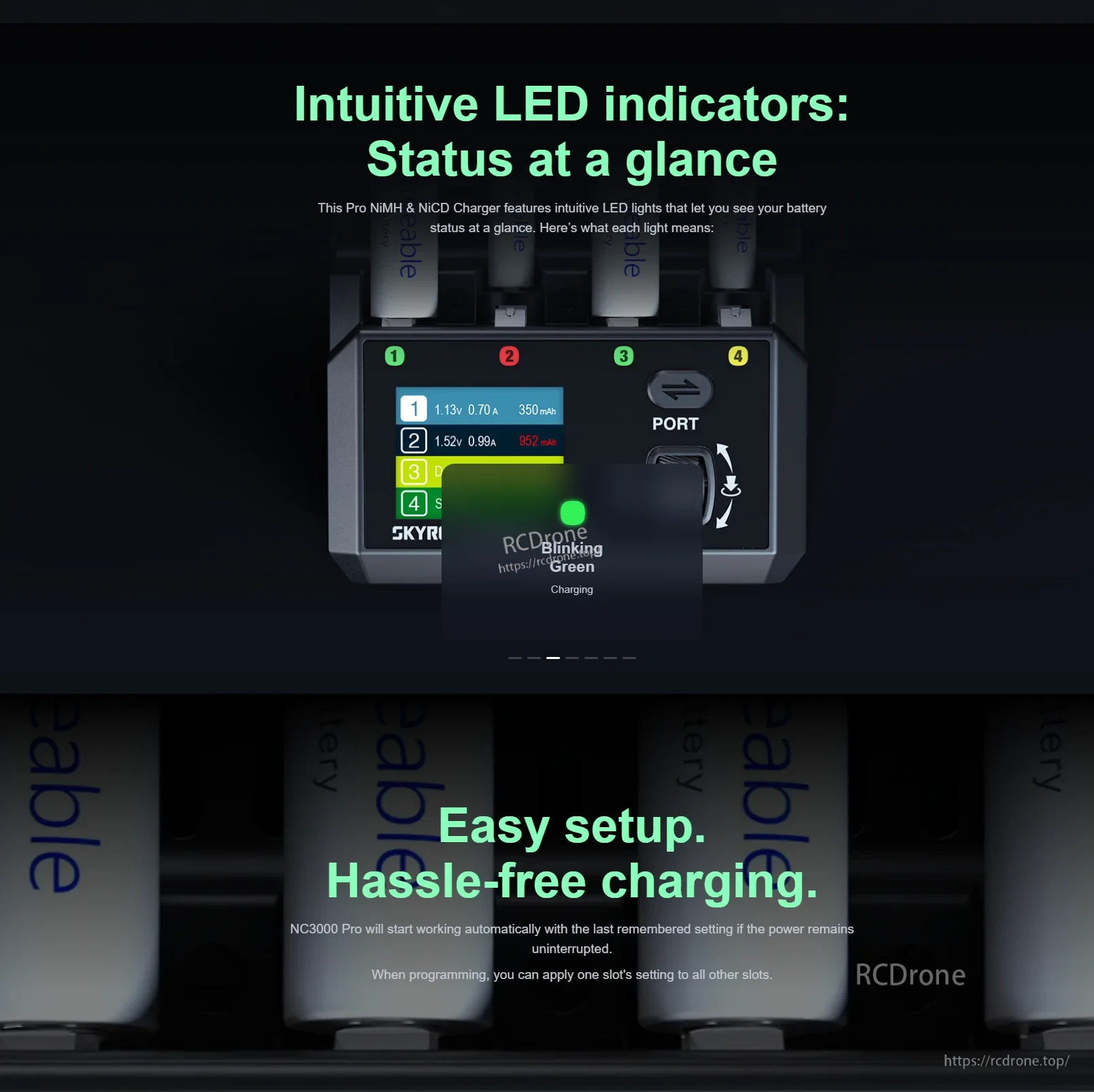 SkyRC NC3000 Pro NiCd/NiMH Battery Charger for AA/AAA, PD/QC 30W, 4-Slot, Bluetooth, 6 Modes