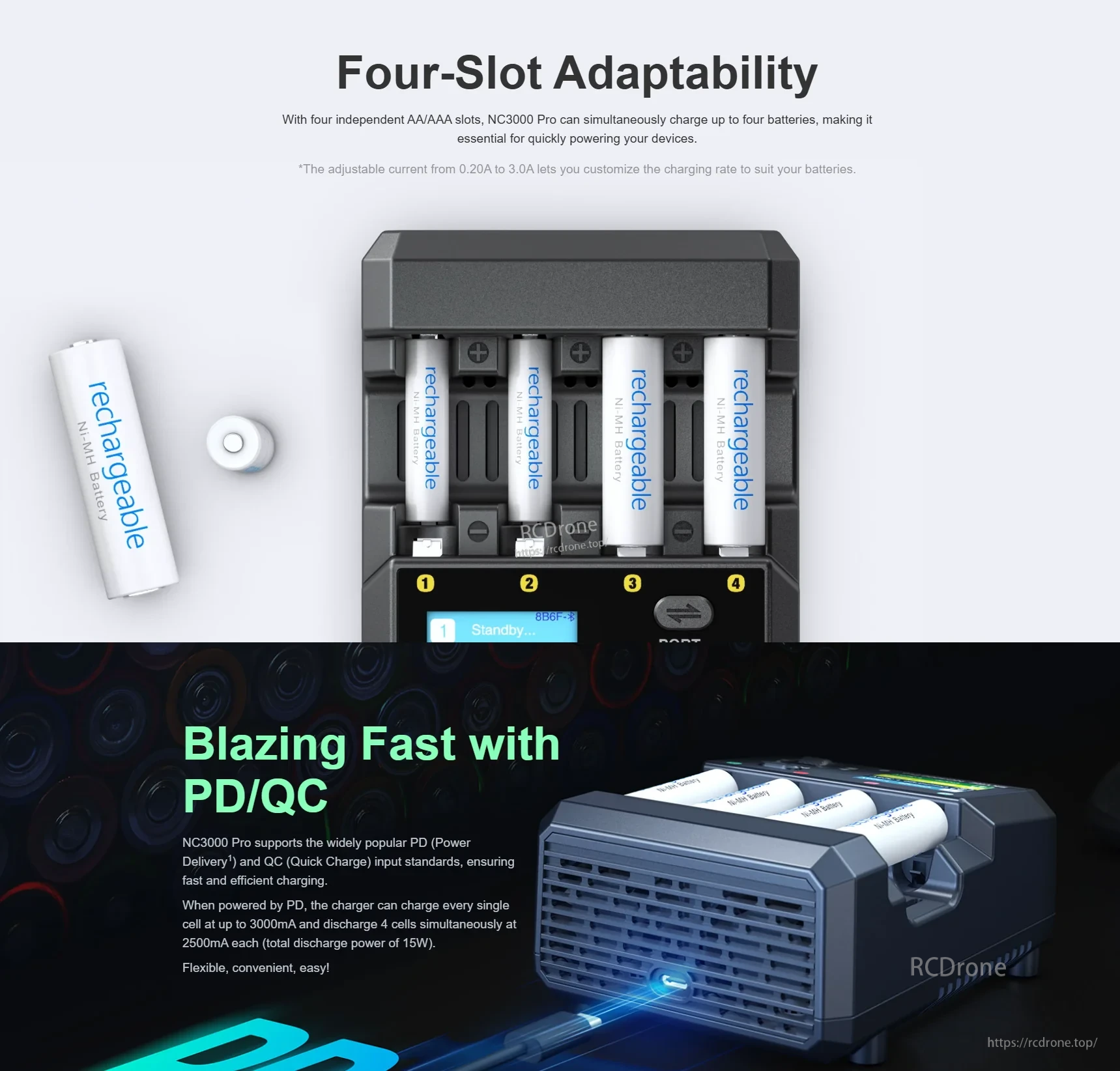 SkyRC NC3000 Pro NiCd/NiMH Battery Charger for AA/AAA, PD/QC 30W, 4-Slot, Bluetooth, 6 Modes