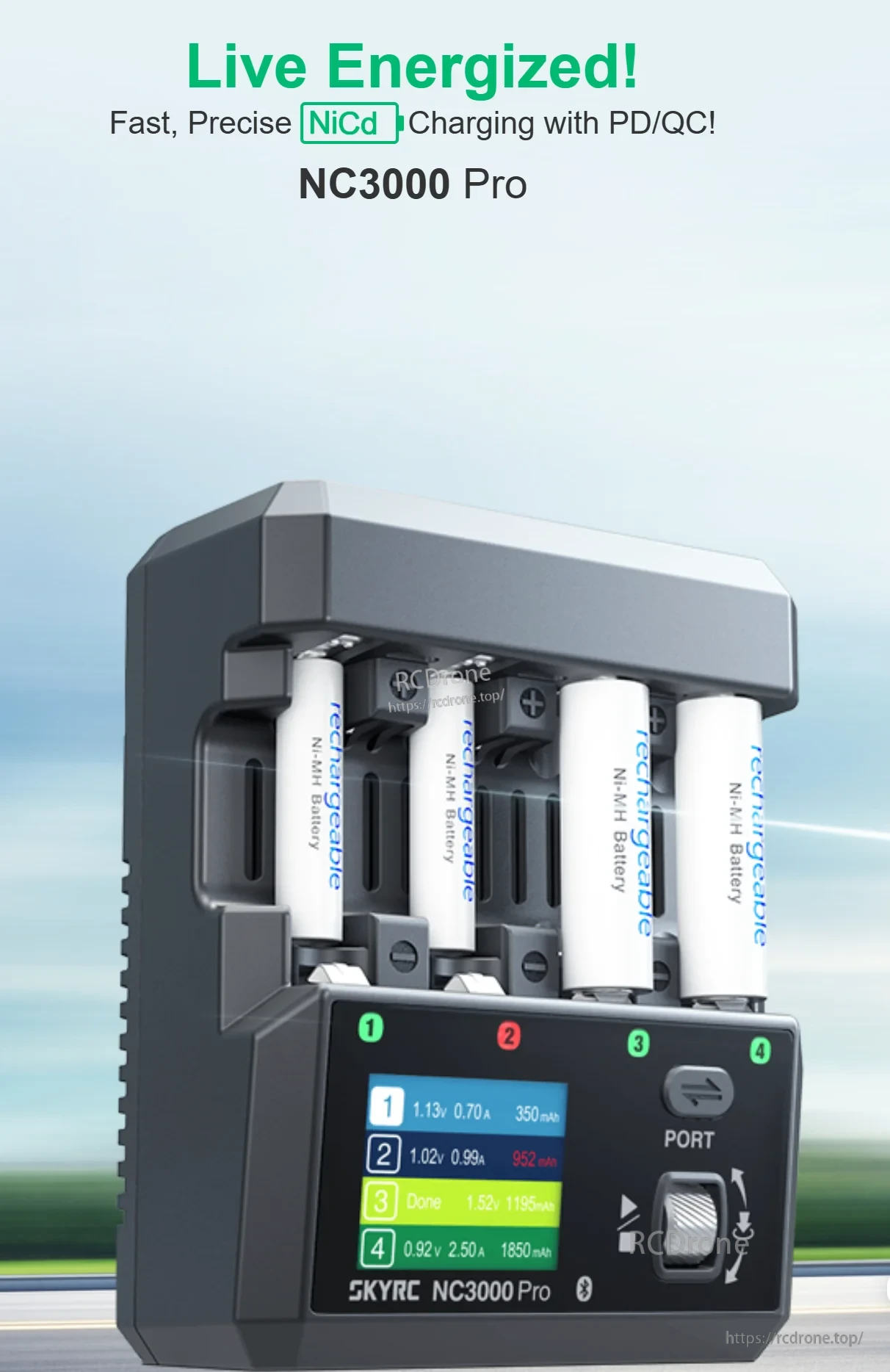SkyRC NC3000 Pro NiCd/NiMH Battery Charger for AA/AAA, PD/QC 30W, 4-Slot, Bluetooth, 6 Modes