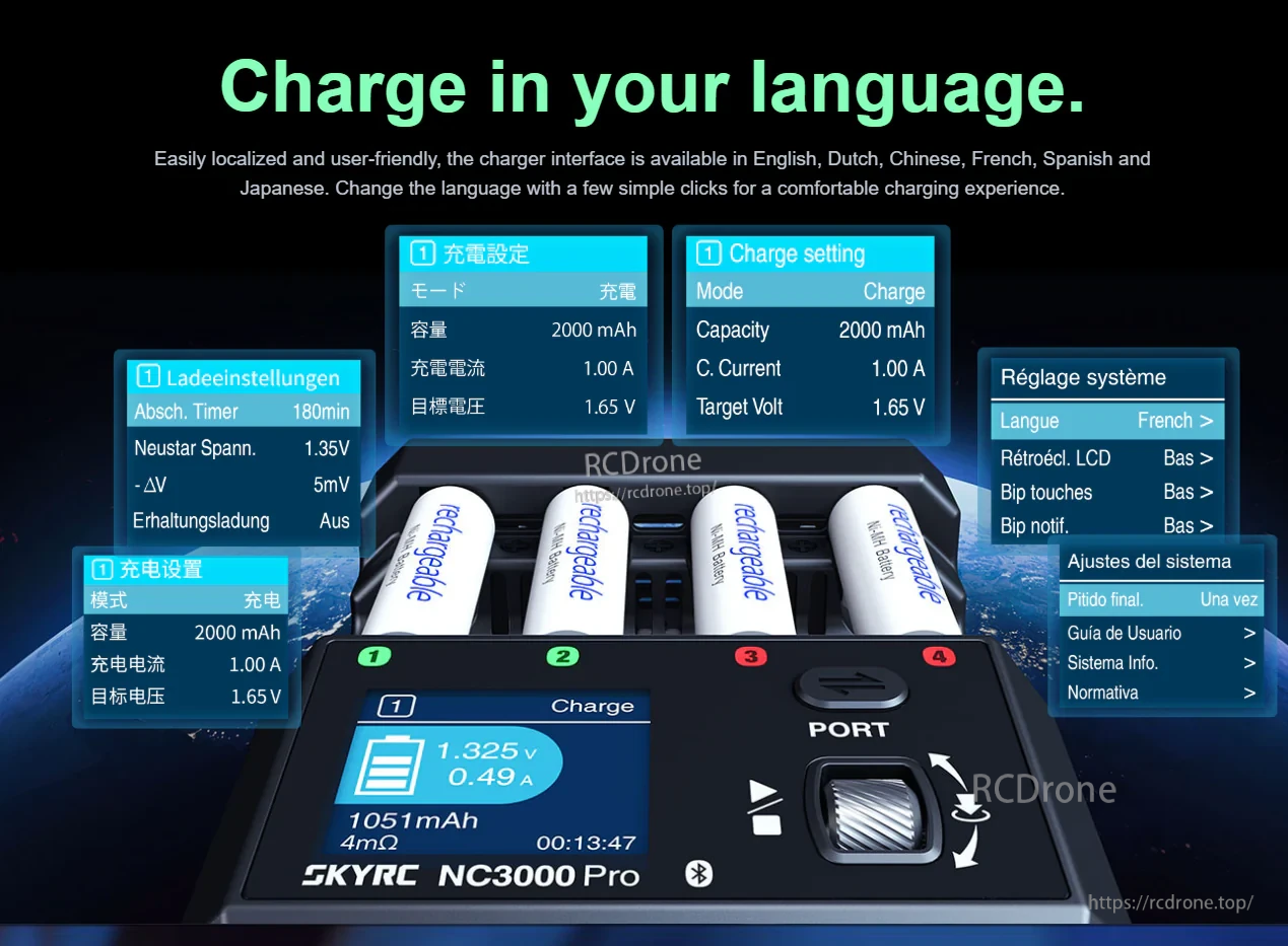 SkyRC NC3000 Pro NiCd/NiMH Battery Charger for AA/AAA, PD/QC 30W, 4-Slot, Bluetooth, 6 Modes