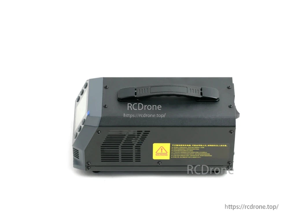 SkyRC PC1080neo dual output lithium battery charger with carry handle, side cooling vents, and warning label