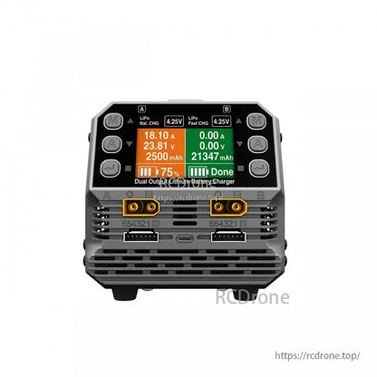 SkyRC PC1080neo dual-output LiPo charger front view with color screen, XT60 charge ports and balance connectors