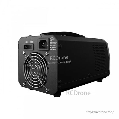 Rear view of SkyRC PC1080neo lithium battery charger with 100–240V AC input, power switch, and cooling fan