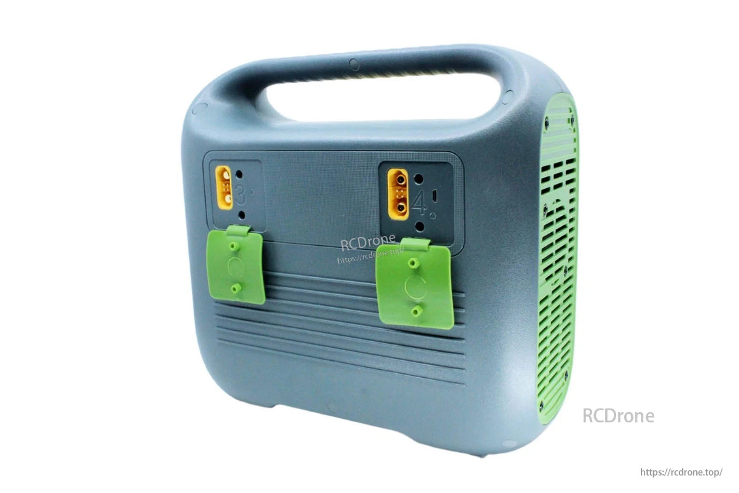 SkyRC PC3000H Quattro battery charger rear view with carry handle, vented side panel, and two output ports (3/4).