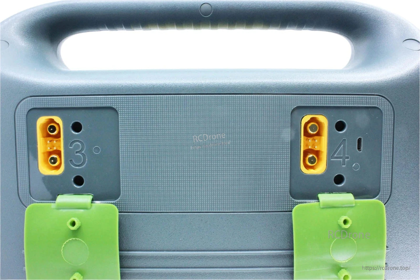 SkyRC PC3000H Quattro battery charger panel with XT60 ports labeled 3 and 4 and a small USB port