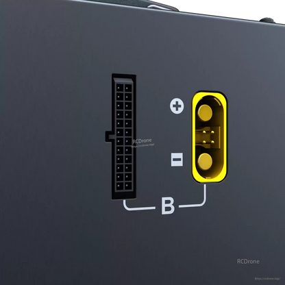 Close-up of SkyRC PC3020 charger output connectors with +/– marked yellow power terminal and multi-pin port