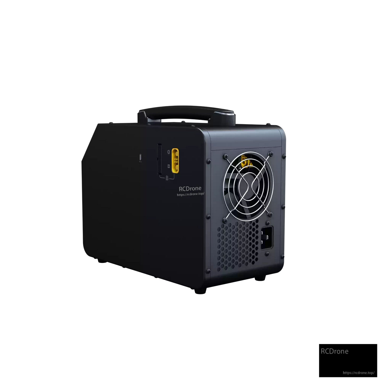 Rear view of SkyRC PC3020 lithium battery charger with carry handle, large cooling fan, and AC power inlet