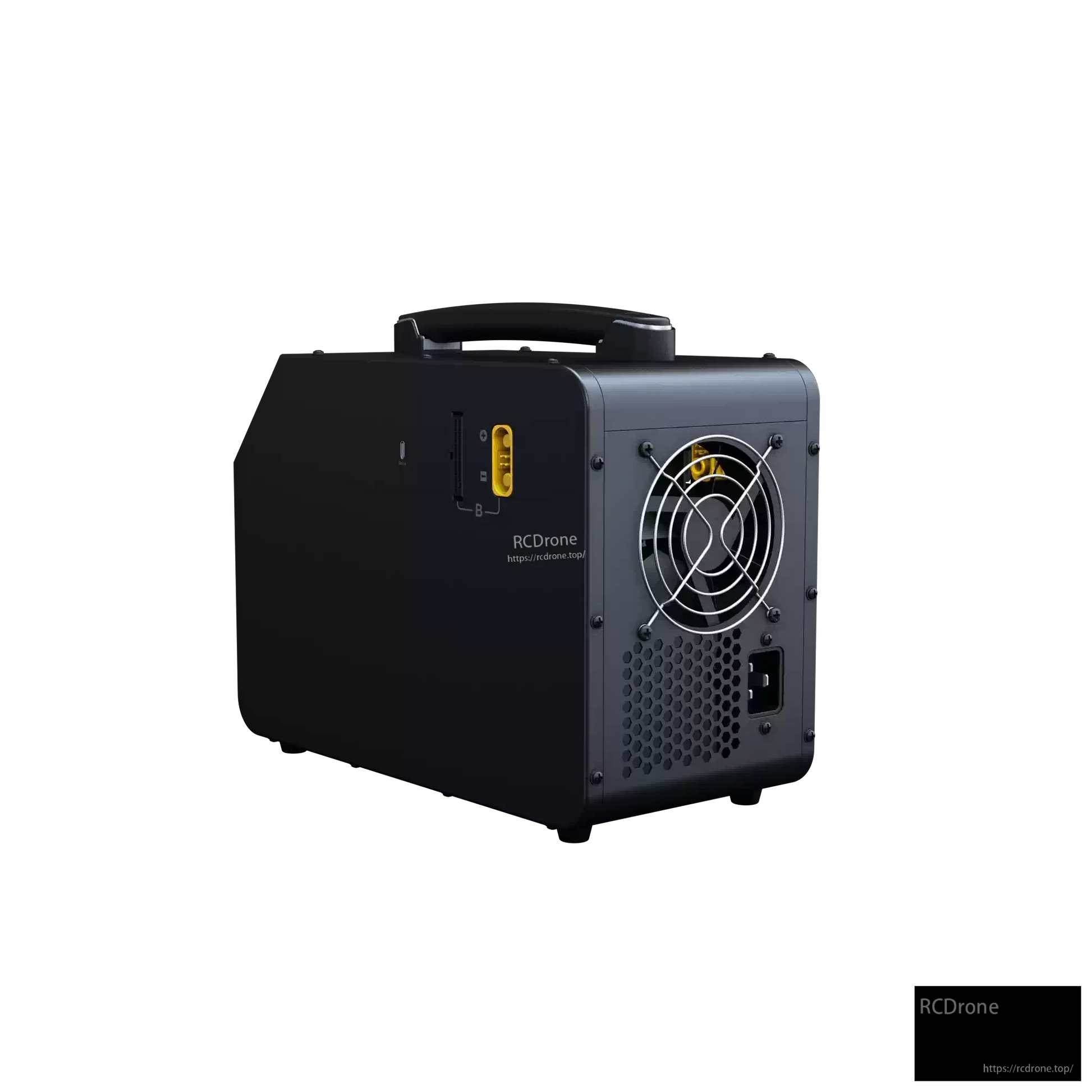 Rear view of SkyRC PC3020 lithium battery charger with carry handle, large cooling fan, and AC power inlet