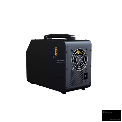 Rear view of SkyRC PC3020 lithium battery charger with carry handle, large cooling fan, and AC power inlet