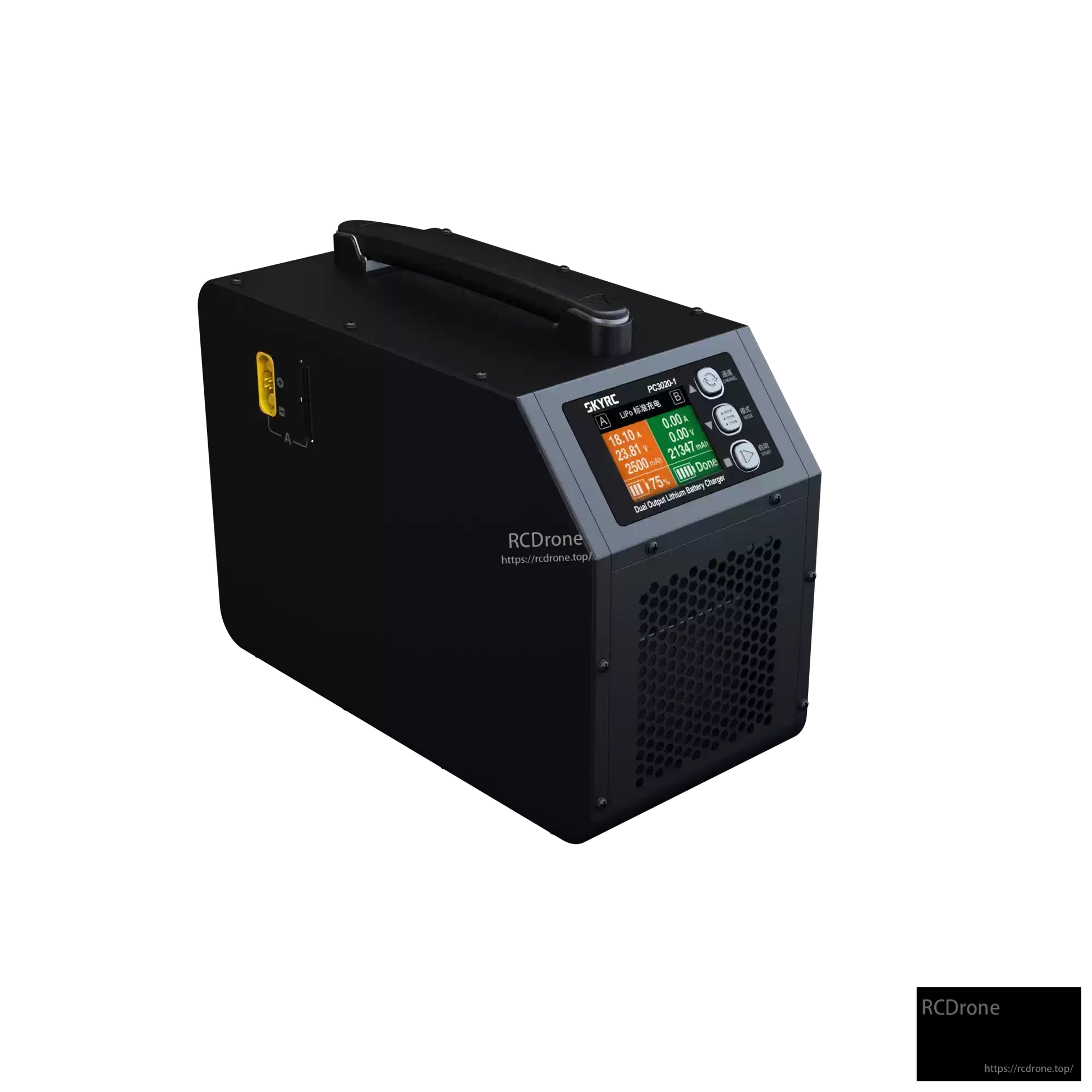 SkyRC PC3020 dual output lithium battery charger with color screen, control buttons, carry handle, and vented case