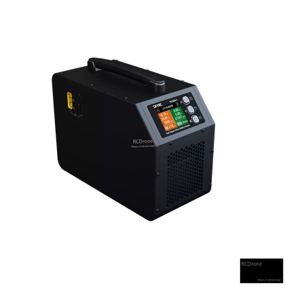 SkyRC PC3020 dual output lithium battery charger with color screen, control buttons, carry handle, and vented case